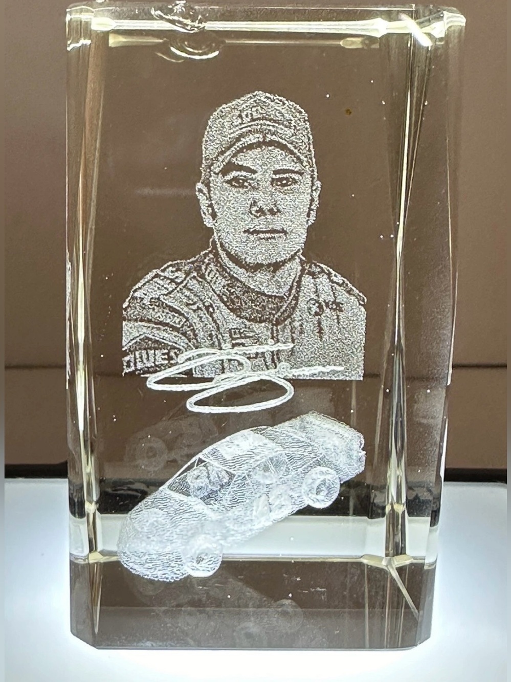 Jimmie Johnson Laser Engraved Crystal 3” NASCAR (See Pics It Has 2 Chips In Top)